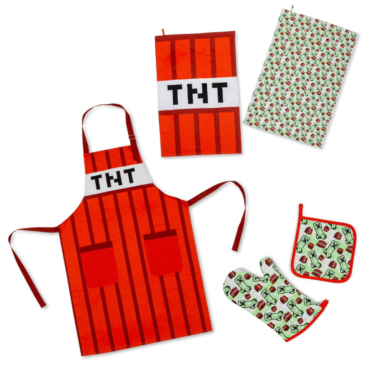 Minecraft Red TNT Kitchen Set | Apron, Oven Mitt, Dish Towels, Pot Holder